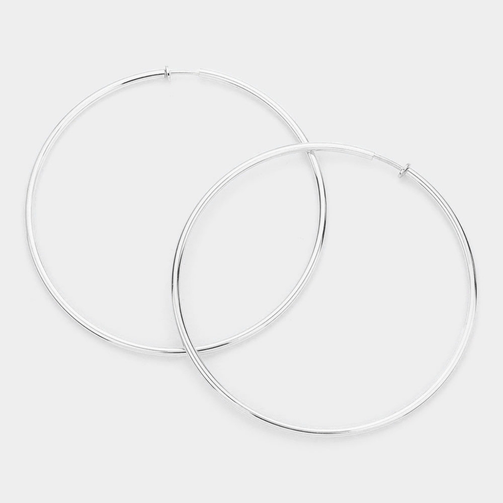 Silver Clip On Big Hoop Earrings Casual Simple 4" Extra Large Oversized Metal